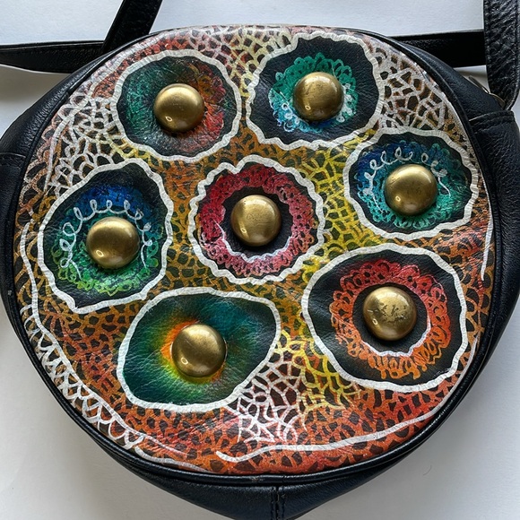 Biacci Black Hand Painted Leather Cross Body Zipper Boho Bag - Picture 2 of 10